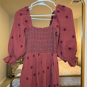 Smocked Dress with Floral Embroidery